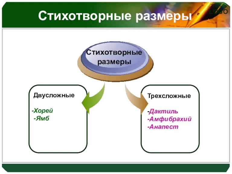 Стихотворные размеры Двусложные Хорей -Ямб Стихотворные размеры Трехсложные -Дактиль -Амфибрахий -Анапест