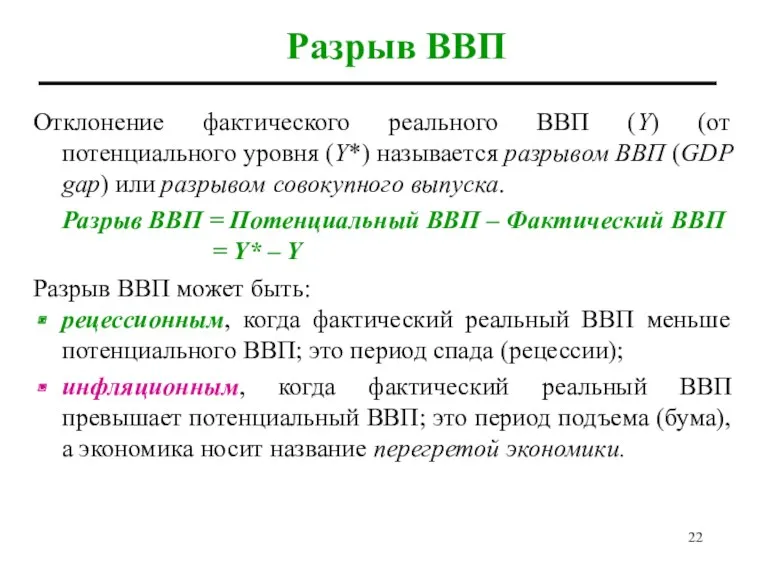 Разрыв ВВП Отклонение фактического реального ВВП (Y) (от потенциального уровня