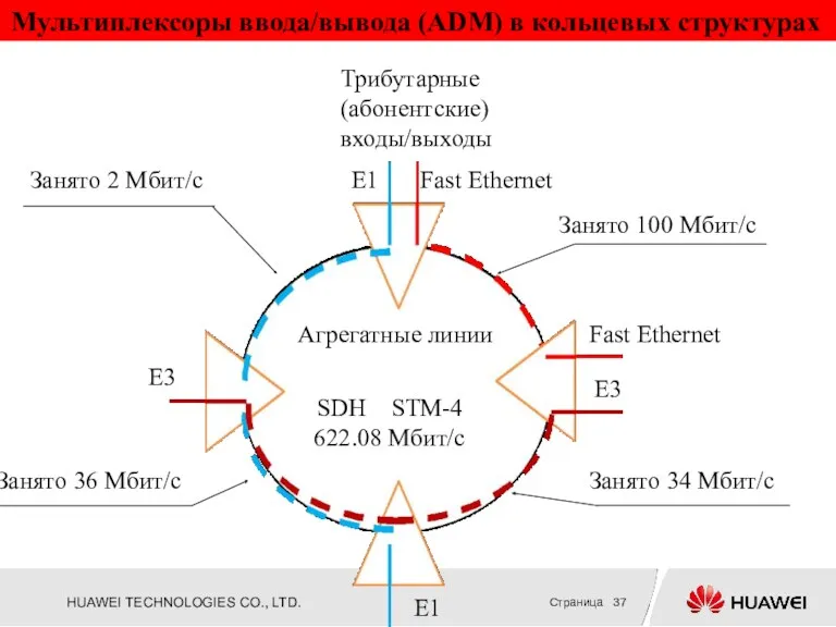 Мультиплексоры ввода/вывода (ADM) в кольцевых структурах Трибутарные (абонентские) входы/выходы Е3 Е3 Е1 Е1
