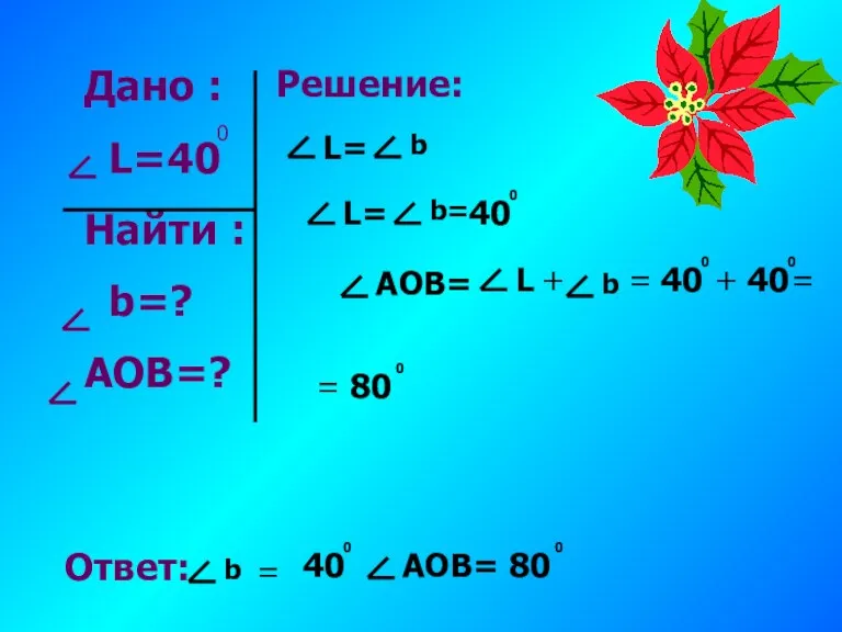 Дано : L=40 Найти : b=? AOB=? 0 Решение: b= 40 0 L=