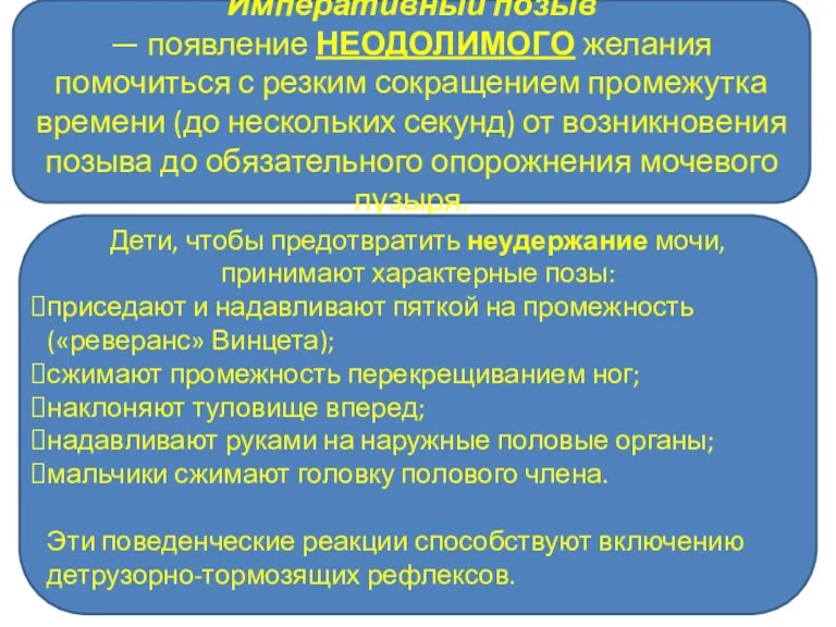 Императивный позыв — появление НЕОДОЛИМОГО желания помочиться с резким сокращением