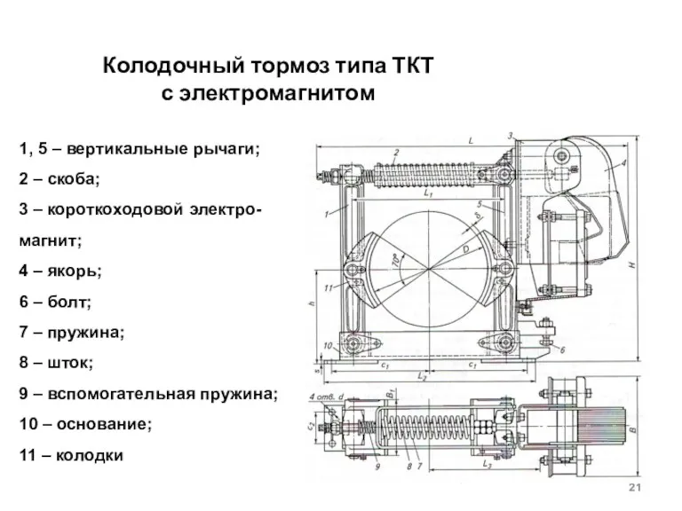 Колодочный тормоз типа ТКТ с электромагнитом 1, 5 – вертикальные