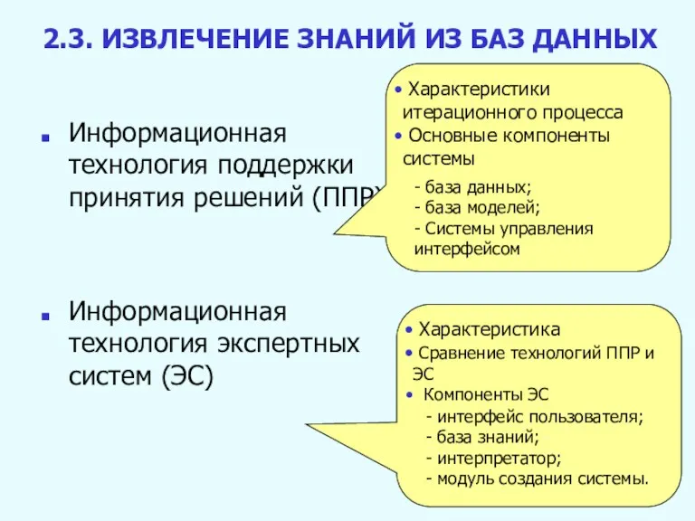 2.3. ИЗВЛЕЧЕНИЕ ЗНАНИЙ ИЗ БАЗ ДАННЫХ Информационная технология поддержки принятия