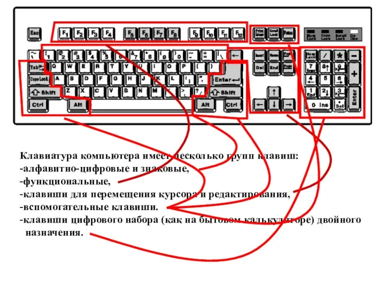 Клавиатура компьютера имеет несколько групп клавиш: -алфавитно-цифровые и знаковые, -функциональные,