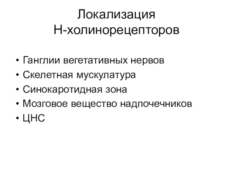 Локализация Н-холинорецепторов Ганглии вегетативных нервов Скелетная мускулатура Синокаротидная зона Мозговое вещество надпочечников ЦНС