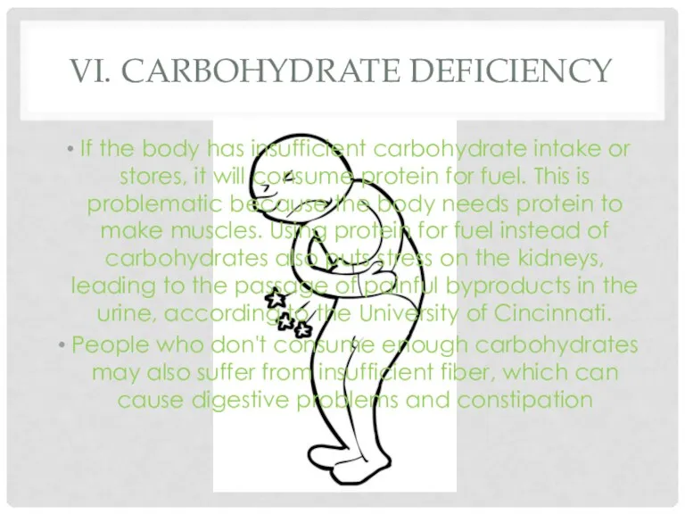 VI. CARBOHYDRATE DEFICIENCY If the body has insufficient carbohydrate intake or stores, it