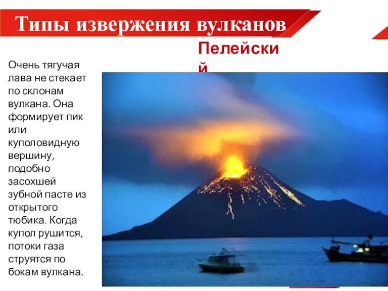 Типы извержения вулканов Очень тягучая лава не стекает по склонам вулкана. Она формирует