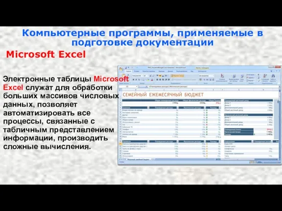 Компьютерные программы, применяемые в подготовке документации Microsoft Excel Электронные таблицы