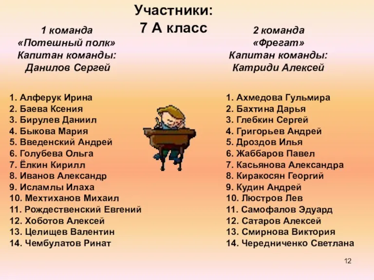 Участники: 7 А класс 1 команда «Потешный полк» Капитан команды: Данилов Сергей 2