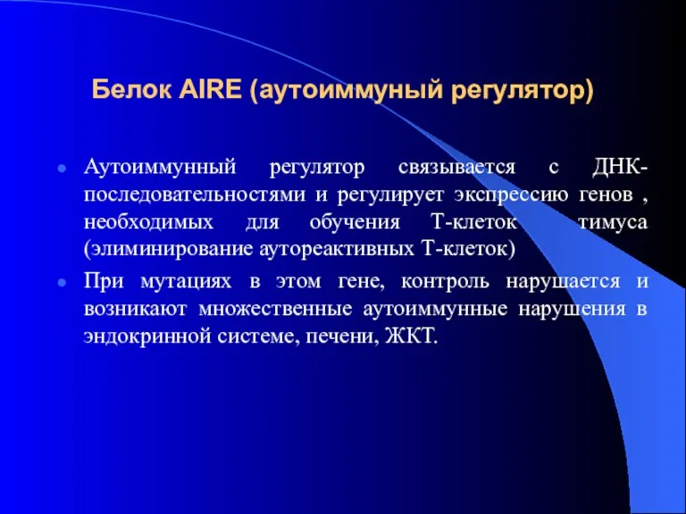 Белок AIRE (аутоиммуный регулятор) Аутоиммунный регулятор связывается с ДНК-последовательностями и