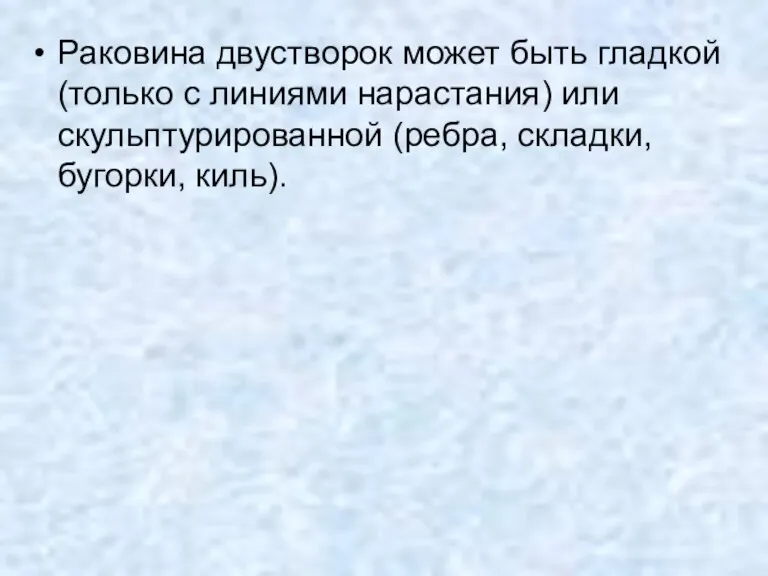 Раковина двустворок может быть гладкой (только с линиями нарастания) или скульптурированной (ребра, складки, бугорки, киль).