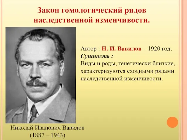 Закон гомологический рядов наследственной изменчивости. Николай Иванович Вавилов (1887 –