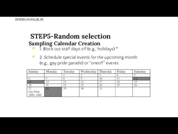 STEP5-Random selection Sampling Calendar Creation 1. Block out staff days