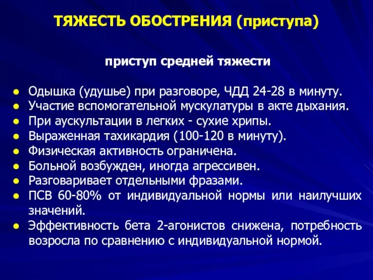 приступ средней тяжести Одышка (удушье) при разговоре, ЧДД 24-28 в