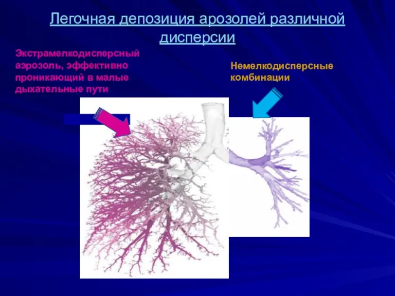 Легочная депозиция арозолей различной дисперсии Экстрамелкодисперсный аэрозоль, эффективно проникающий в малые дыхательные пути Немелкодисперсные комбинации