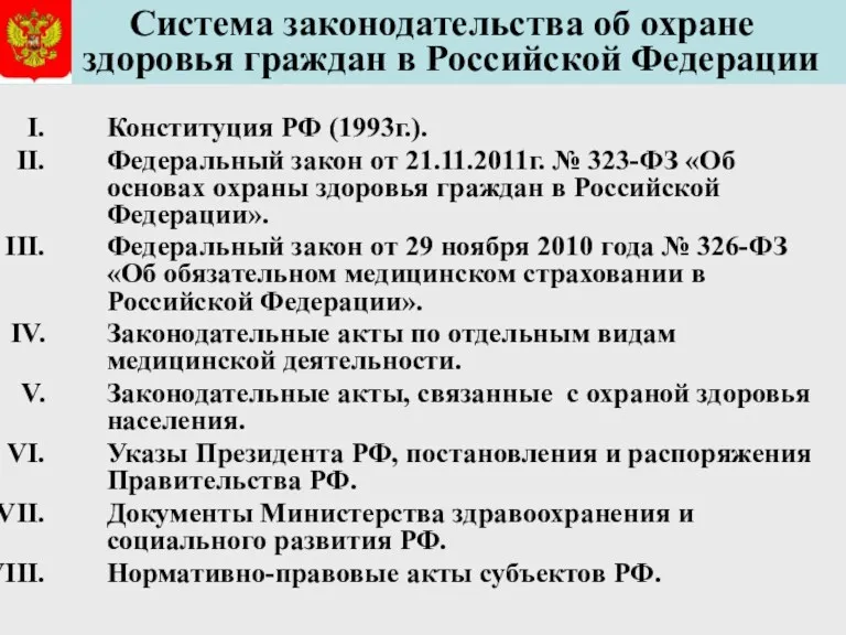 Система законодательства об охране здоровья граждан в Российской Федерации Конституция