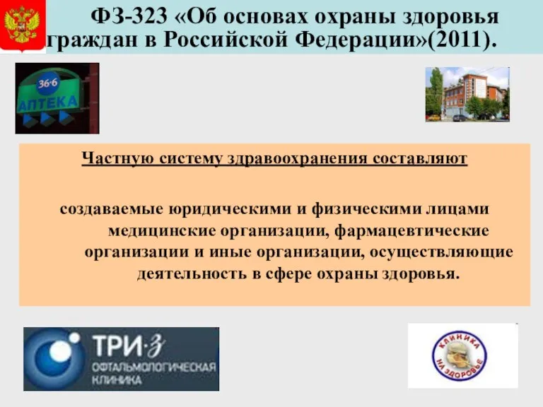 ФЗ-323 «Об основах охраны здоровья граждан в Российской Федерации»(2011). Частную