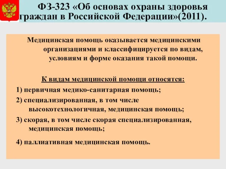 ФЗ-323 «Об основах охраны здоровья граждан в Российской Федерации»(2011). Медицинская