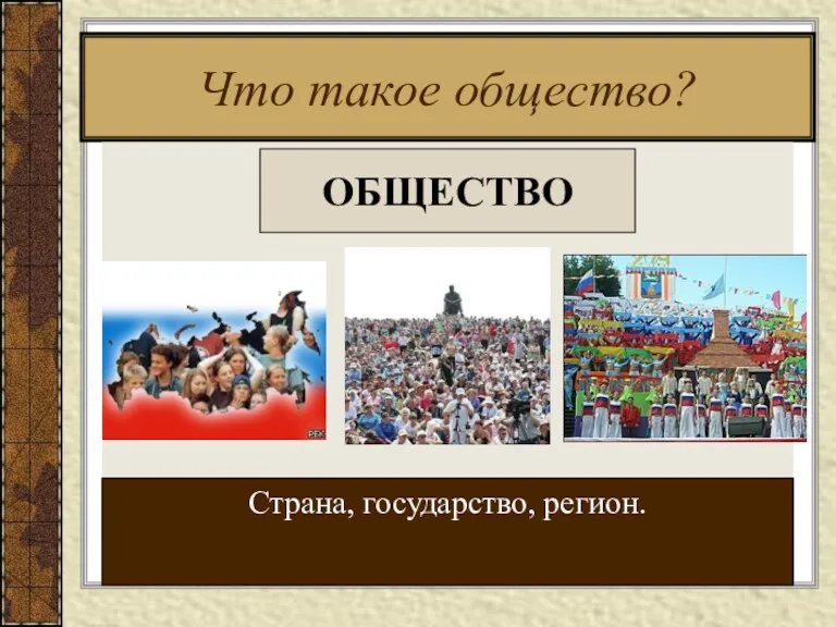 Что такое общество? ОБЩЕСТВО Страна, государство, регион.