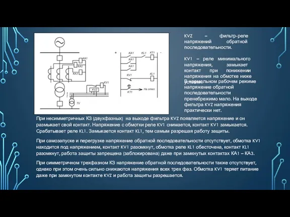 При несимметричных КЗ (двухфазных) на выходе фильтра KVZ появляется напряжение