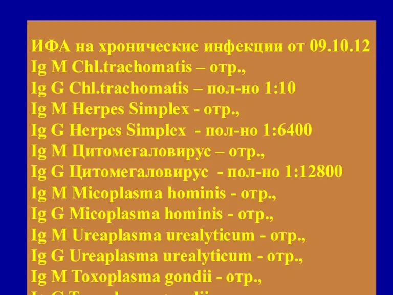ИФА на хронические инфекции от 09.10.12 Ig M Chl.trachomatis – отр., Ig G