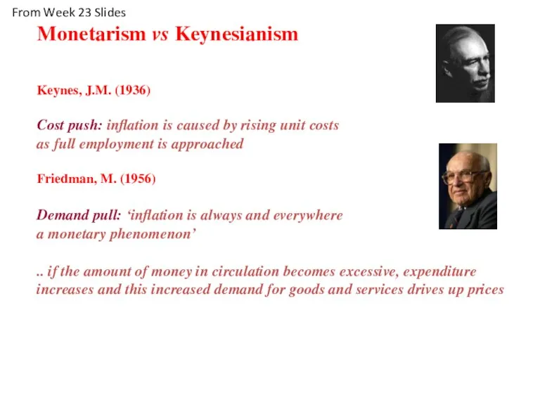 Monetarism vs Keynesianism Keynes, J.M. (1936) Cost push: inflation is