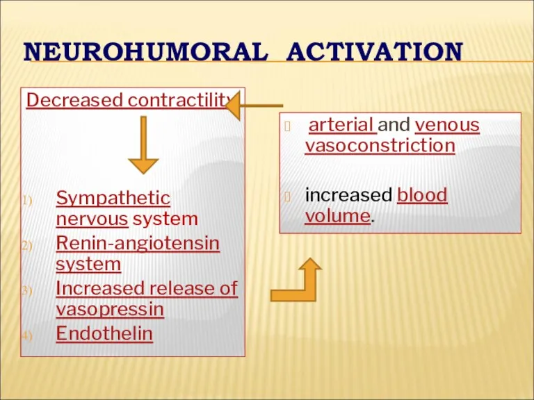 NEUROHUMORAL ACTIVATION Decreased contractility Sympathetic nervous system Renin-angiotensin system Increased