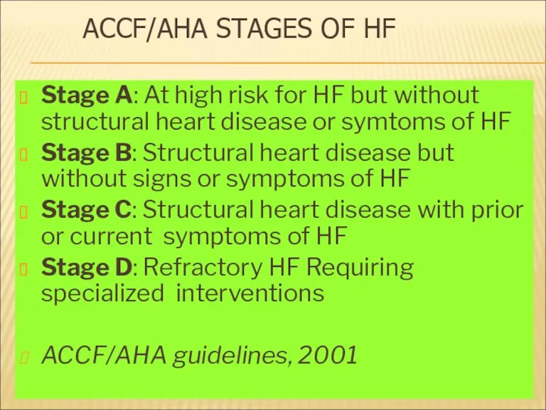 ACCF/AHA STAGES OF HF Stage A: At high risk for