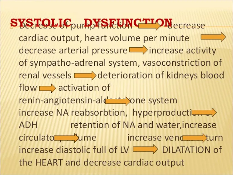 Decrease of pump function decrease cardiac output, heart volume per