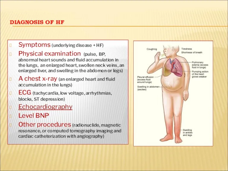 DIAGNOSIS OF HF Symptoms (underlying disease + HF) Physical examination