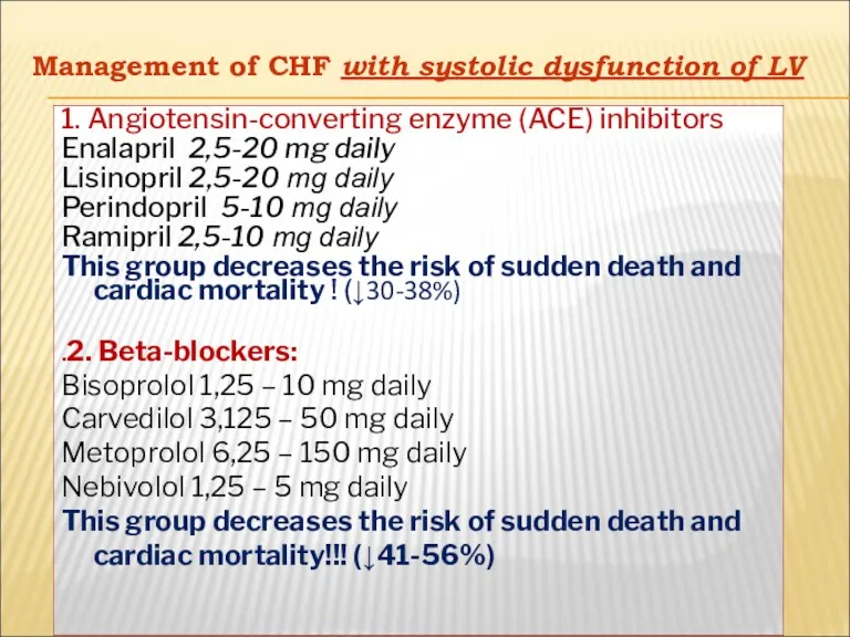 Management of CHF with systolic dysfunction of LV