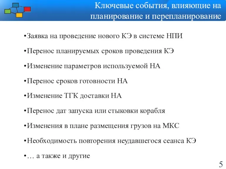 Ключевые события, влияющие на планирование и перепланирование Заявка на проведение нового КЭ в