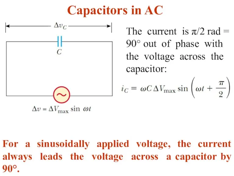 Capacitors in AC The current is π/2 rad = 90° out of phase