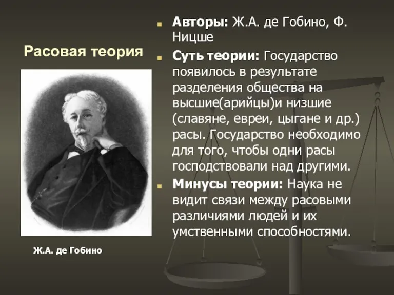 Расовая теория Авторы: Ж.А. де Гобино, Ф.Ницше Суть теории: Государство