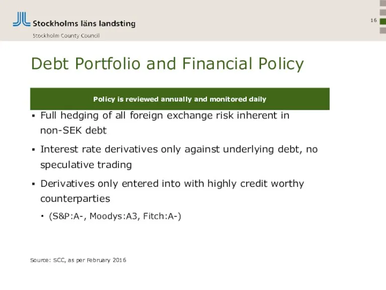 Debt Portfolio and Financial Policy Full hedging of all foreign