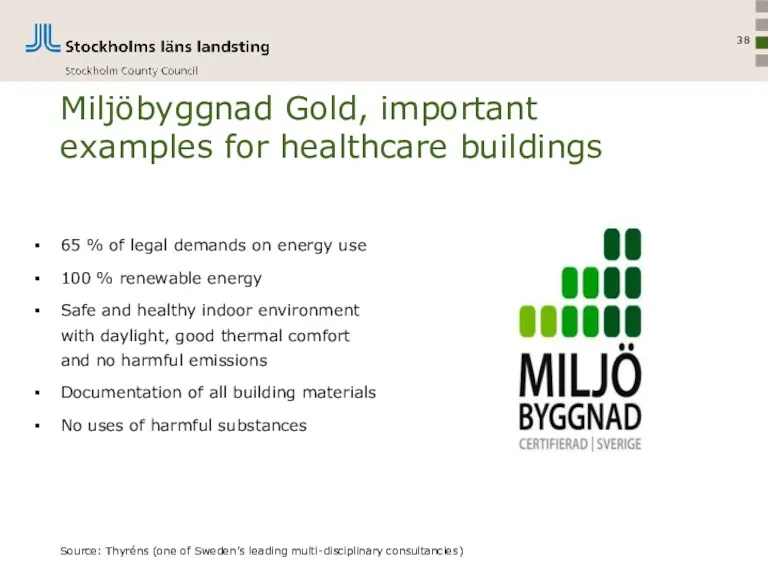 Miljöbyggnad Gold, important examples for healthcare buildings 65 % of