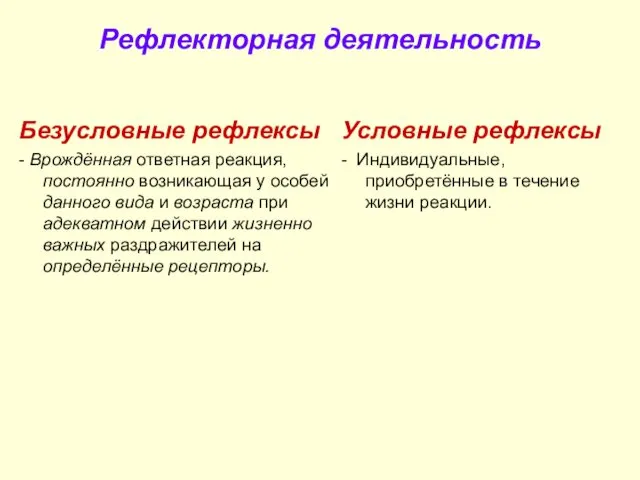 Рефлекторная деятельность Безусловные рефлексы - Врождённая ответная реакция, постоянно возникающая