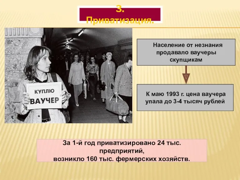 3. Приватизация. За 1-й год приватизировано 24 тыс. предприятий, возникло 160 тыс. фермерских