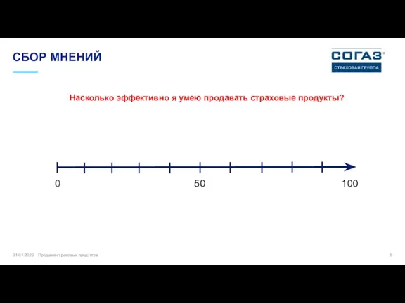 СБОР МНЕНИЙ 31.01.2020 Продажи страховых продуктов Насколько эффективно я умею продавать страховые продукты? 0 50 100