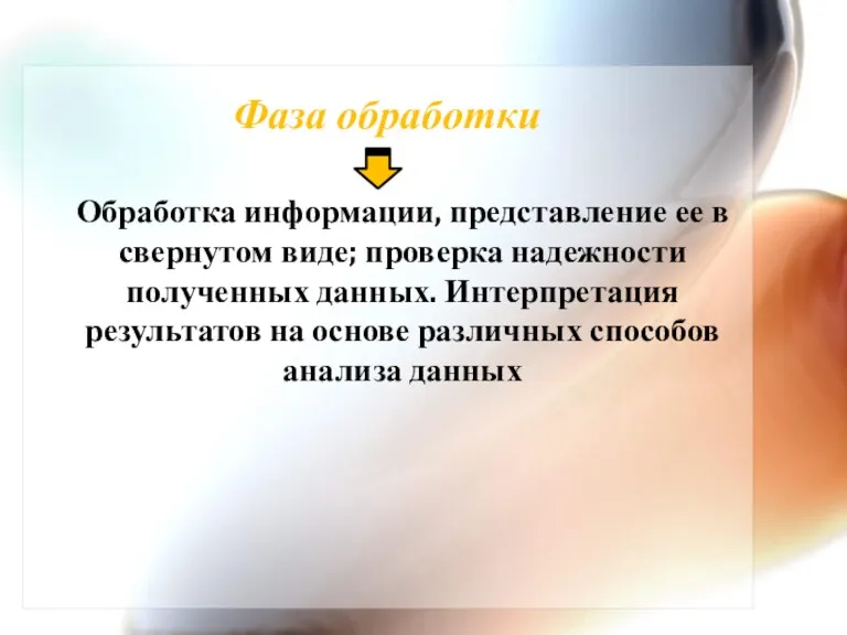 Фаза обработки Обработка информации, представление ее в свернутом виде; проверка