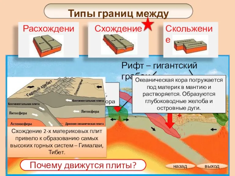 Типы границ между плитами Схождение Скольжение Рифт – гигантский грабен