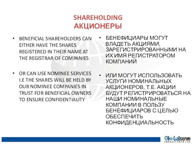 SHAREHOLDING АКЦИОНЕРЫ BENEFICIAL SHAREHOLDERS CAN EITHER HAVE THE SHARES REGISTERED