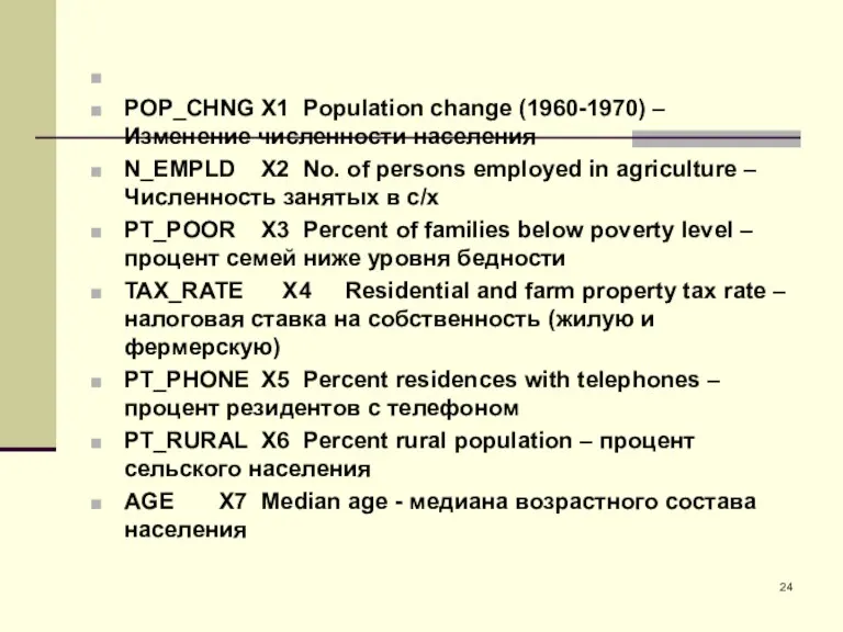 POP_CHNG X1 Population change (1960-1970) – Изменение численности населения N_EMPLD