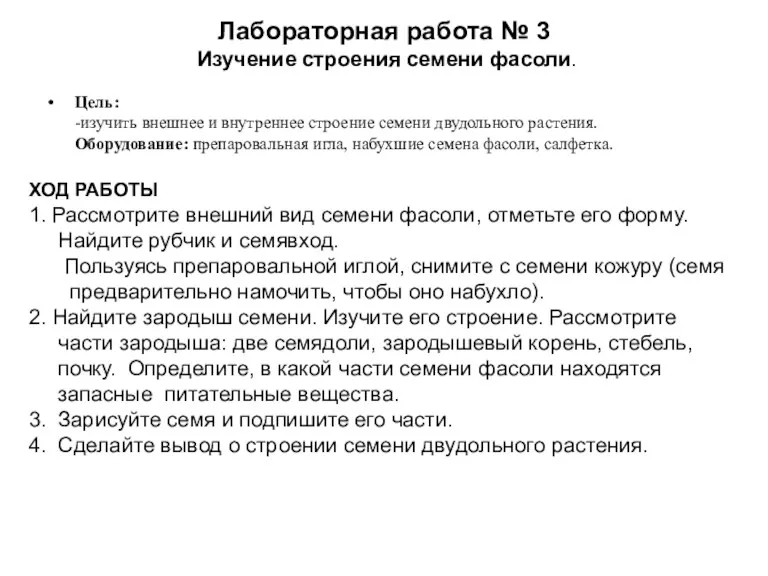 Лабораторная работа № 3 Изучение строения семени фасоли. Цель: -изучить