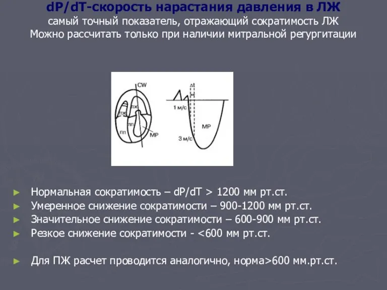 dP/dT-скорость нарастания давления в ЛЖ самый точный показатель, отражающий сократимость