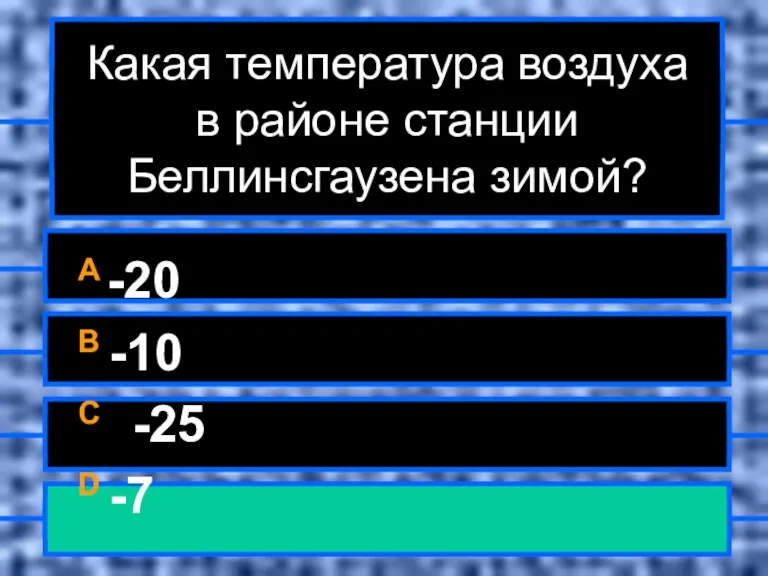 Какая температура воздуха в районе станции Беллинсгаузена зимой? A -20 B -10 C -25 D -7