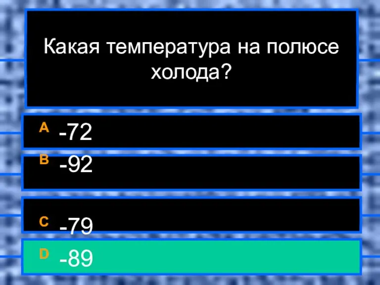 Какая температура на полюсе холода? A -72 B -92 C -79 D -89