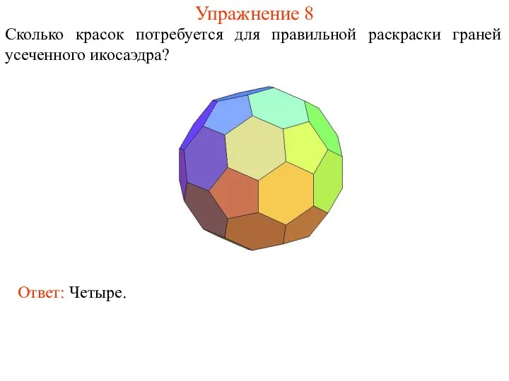 Упражнение 8 Сколько красок потребуется для правильной раскраски граней усеченного икосаэдра? Ответ: Четыре.