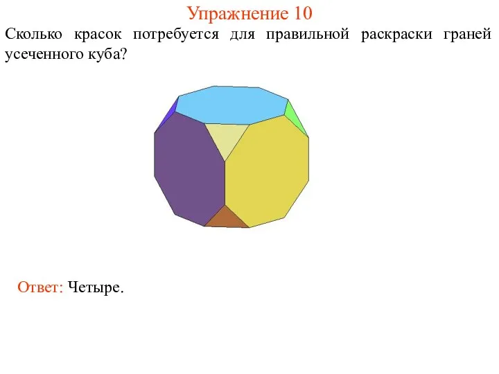 Упражнение 10 Сколько красок потребуется для правильной раскраски граней усеченного куба? Ответ: Четыре.