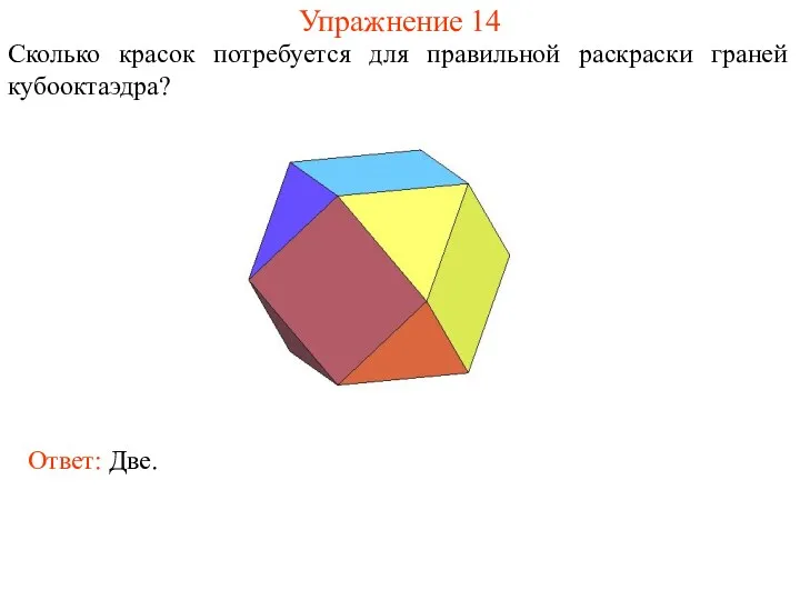 Упражнение 14 Сколько красок потребуется для правильной раскраски граней кубооктаэдра? Ответ: Две.